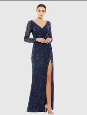 Mac Duggal Long Sleeve Ruched Sequin V-Neck Gown Midnight 8 12412
